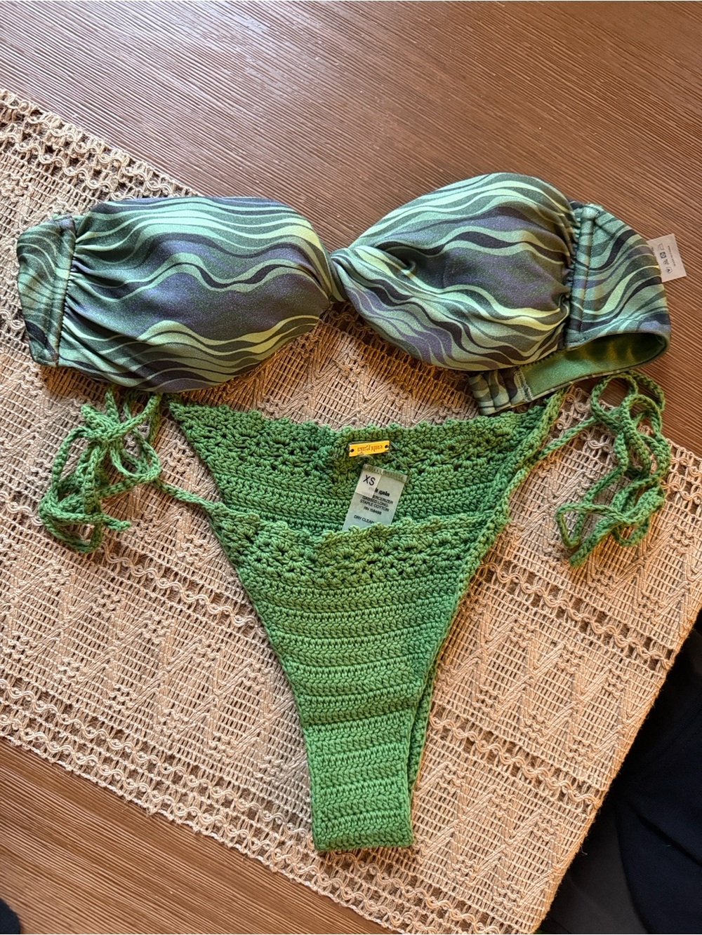 Cult Gaia Manon Bandeau + Liliana Crochet Bikini Bottom in Basil XS